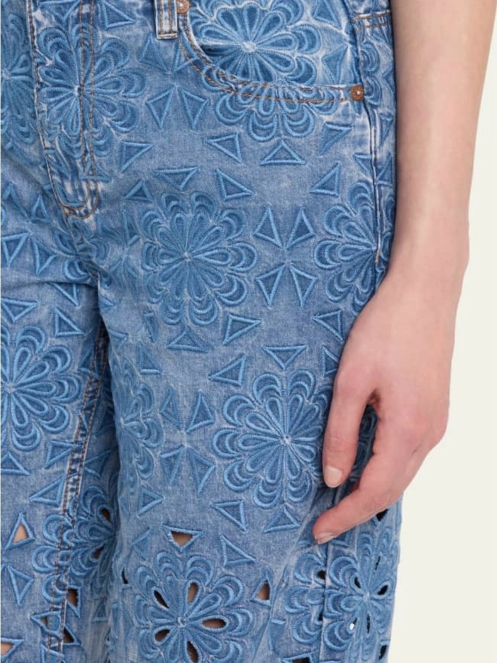 High-Rise Blue Floral Laser-Cut Wide-Leg Jeans - Picture 2 of 10